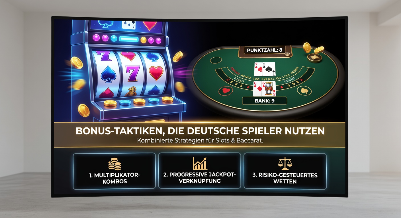 Grafik mit Slot-Rollen und Baccarat-Karten: Bonus-Symbole verbinden beide Spiele, Zahlen für Umsatzbeiträge im Hintergrund