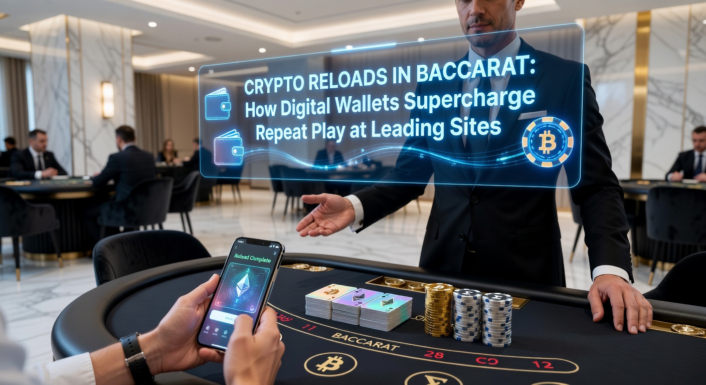 Grafik zeigt Baccarat-Tisch mit Krypto-Wallet-Symbolen und Reload-Boni, die Wiederholspiele illustrieren